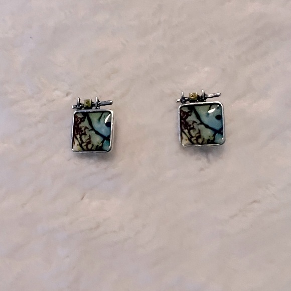 Green Square Arts and Crafts Glass Artist Designed Earrings - Picture 1 of 6